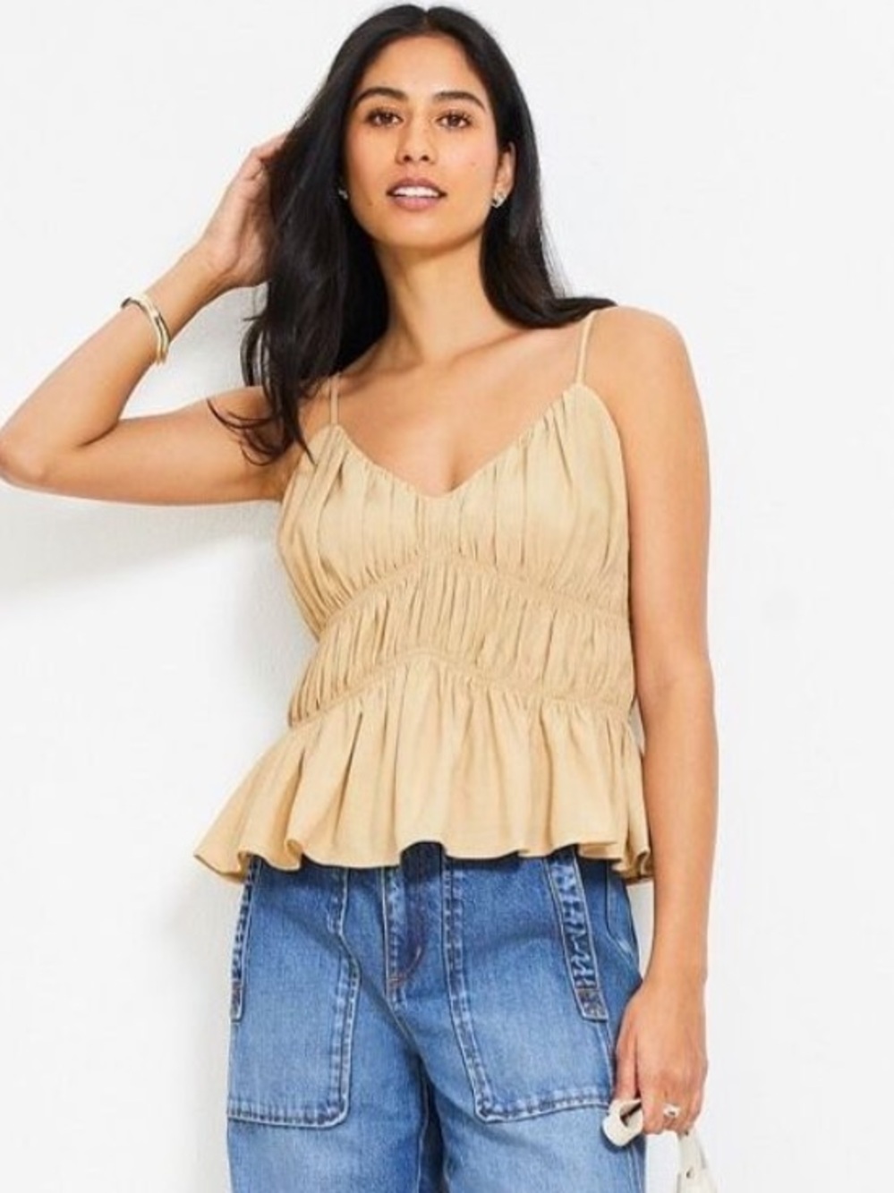 NEW LOFT Khaki Crinkle Crepe Smocked Peplum Tank Top